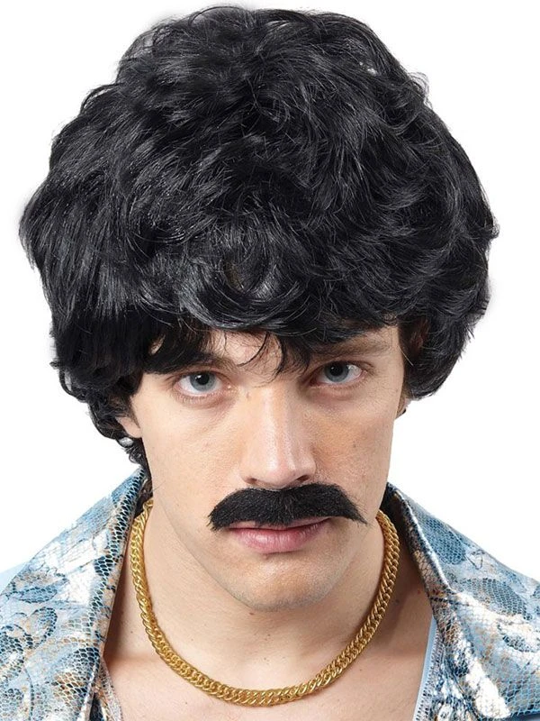 70's Cool Dude Black Wig With Moustache EW-8053