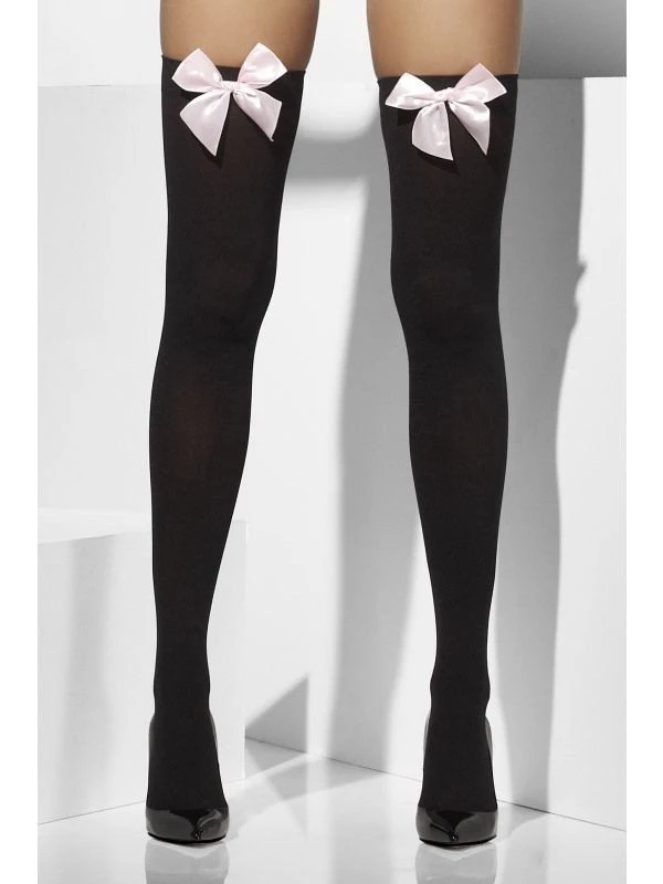 Opaque Hold-ups Black With Pink Bows 42763