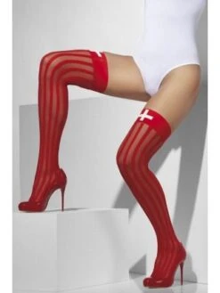 Sheer Hold-ups Red With Vertical Stripes And Bows 42764