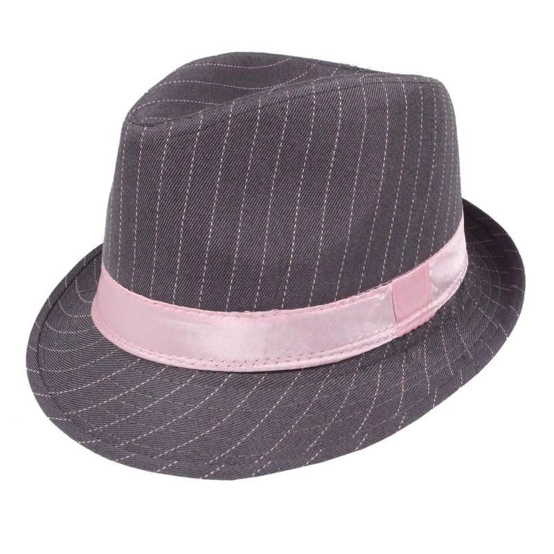 Gangster Fedora Grey Pinstripe With Pink Band Hat 9115